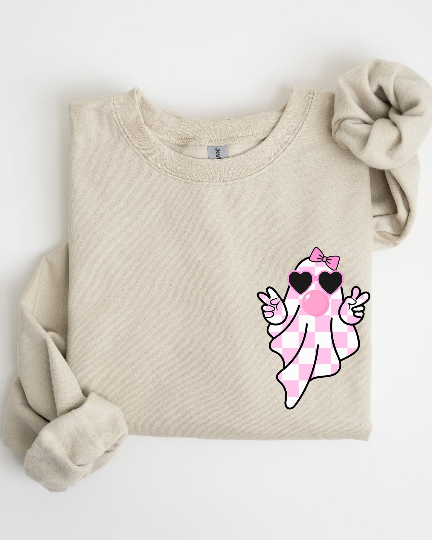 Pink Bubblegum Ghost Pocket Print Sweatshirt Halloween Peace Bow Ribbon