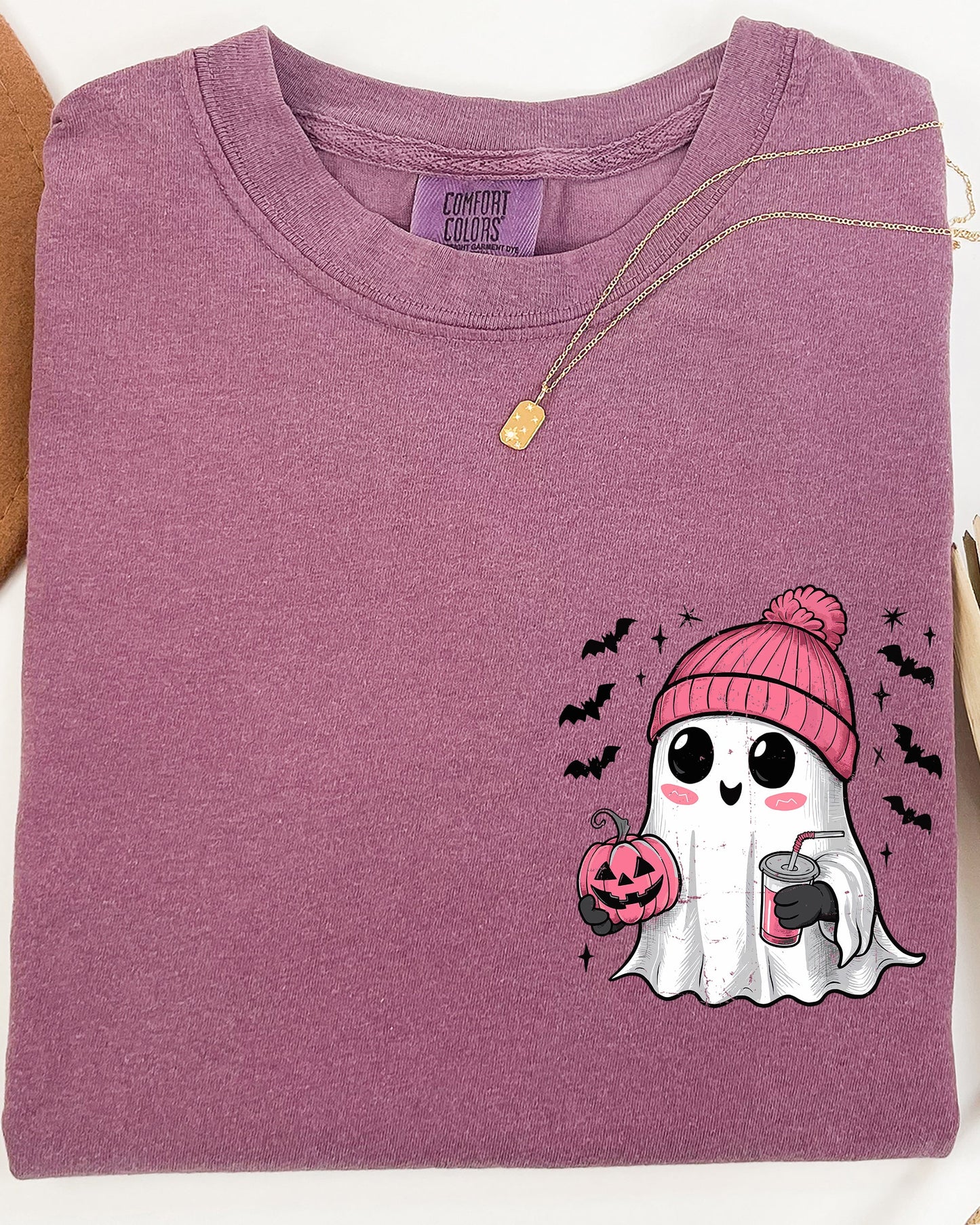 Cute Pink Ghost Pocket Print Comfort Colors T-Shirt Halloween Coffee Bats