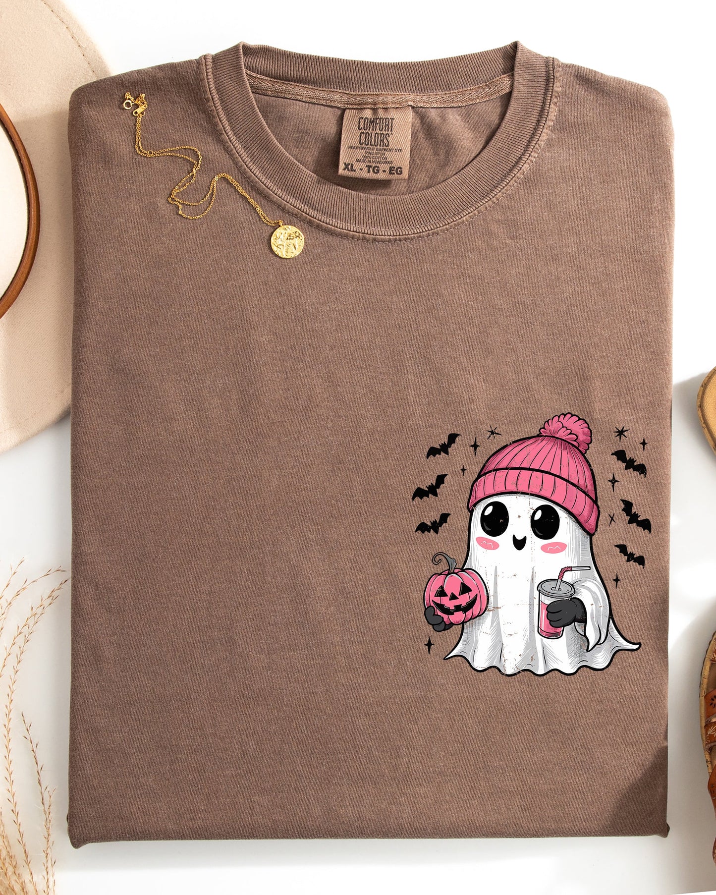 Cute Pink Ghost Pocket Print Comfort Colors T-Shirt Halloween Coffee Bats