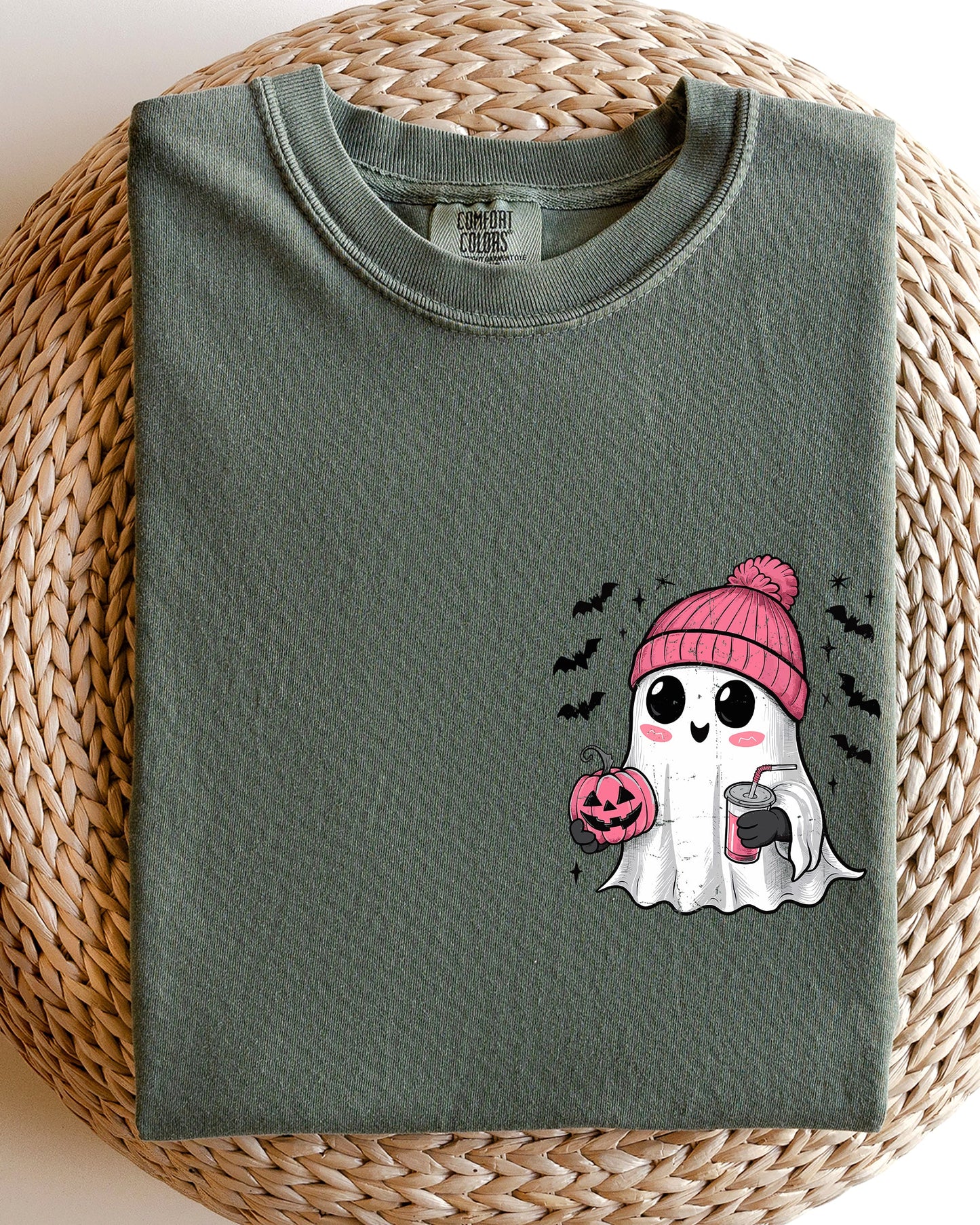 Cute Pink Ghost Pocket Print Comfort Colors T-Shirt Halloween Coffee Bats