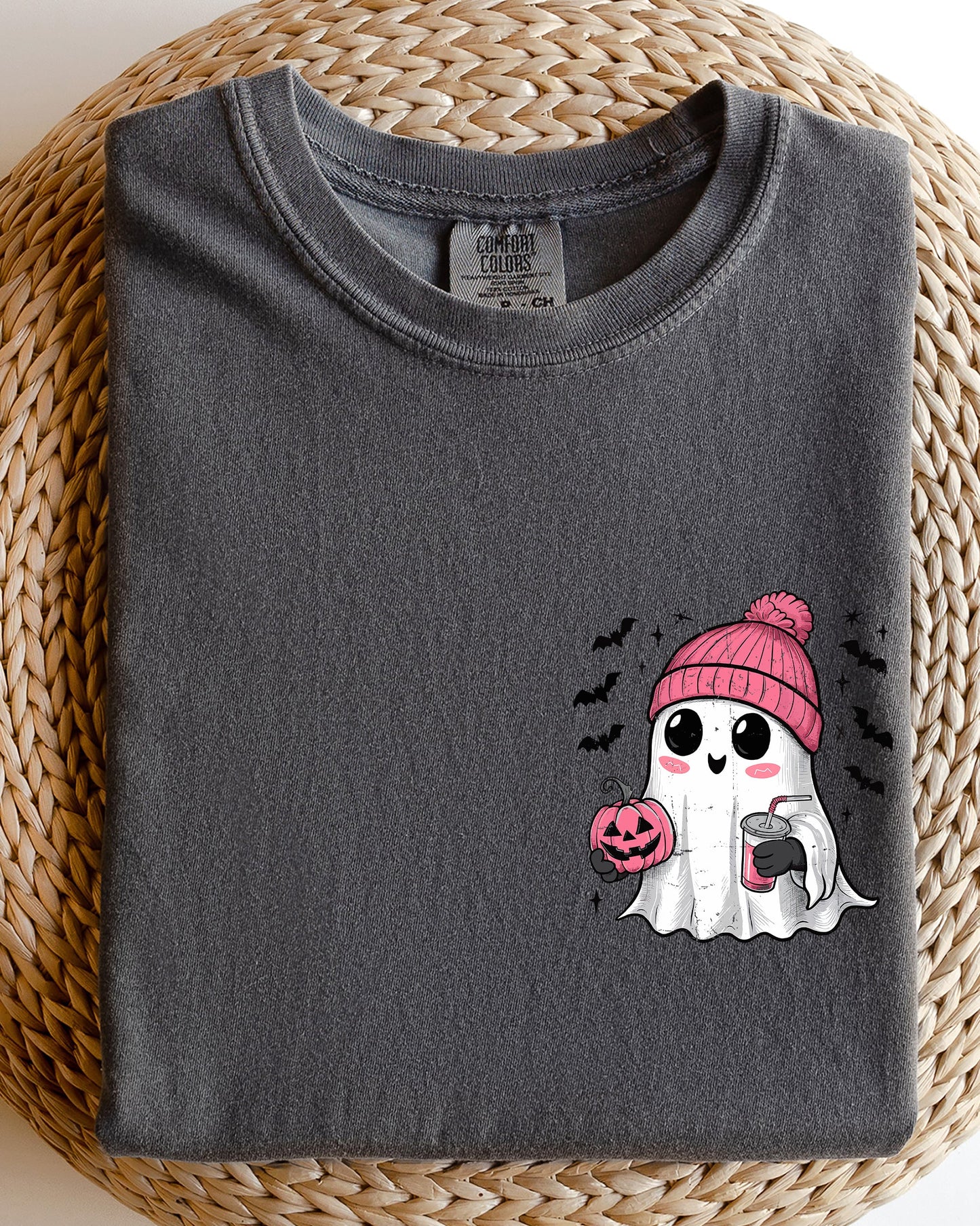 Cute Pink Ghost Pocket Print Comfort Colors T-Shirt Halloween Coffee Bats
