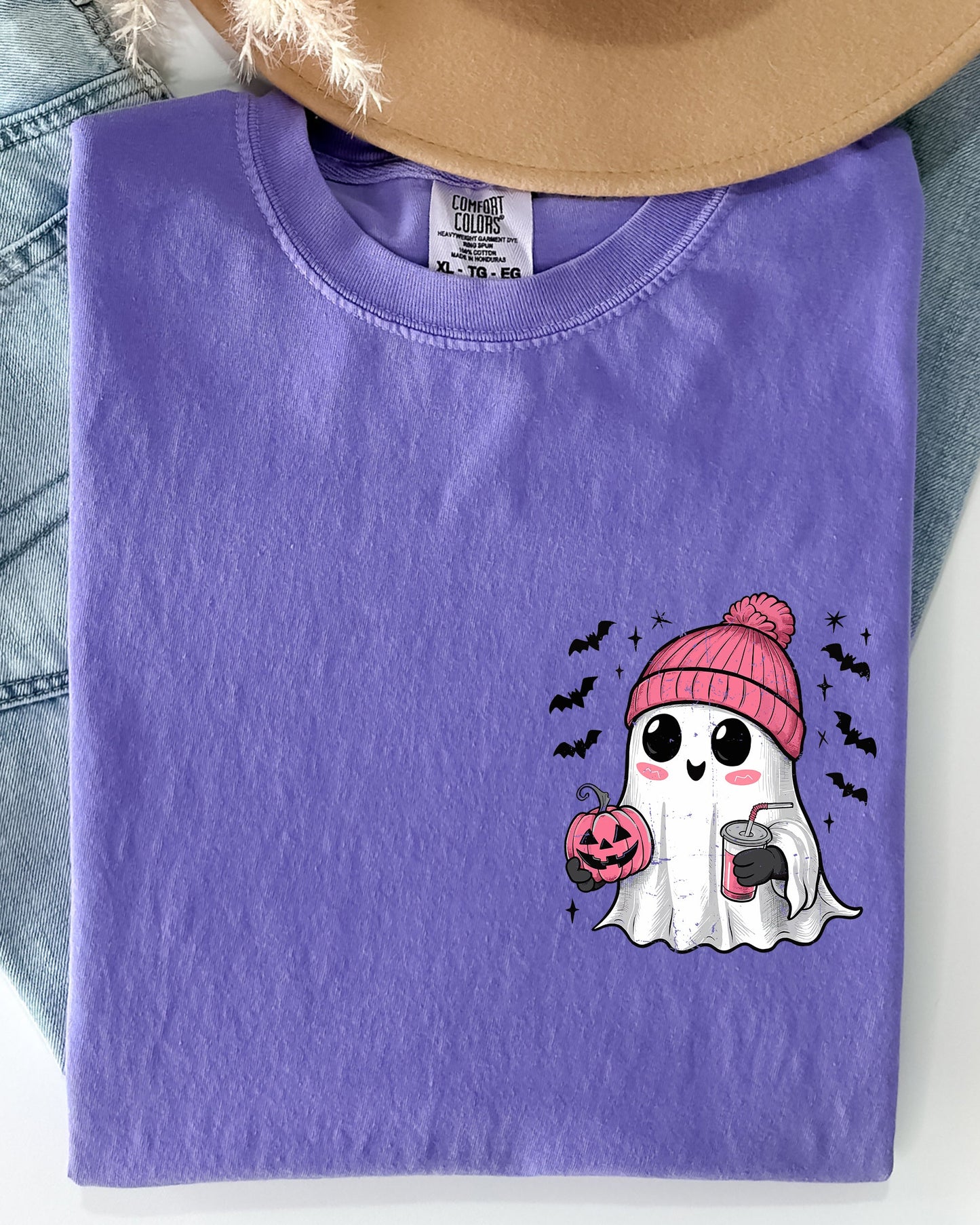 Cute Pink Ghost Pocket Print Comfort Colors T-Shirt Halloween Coffee Bats
