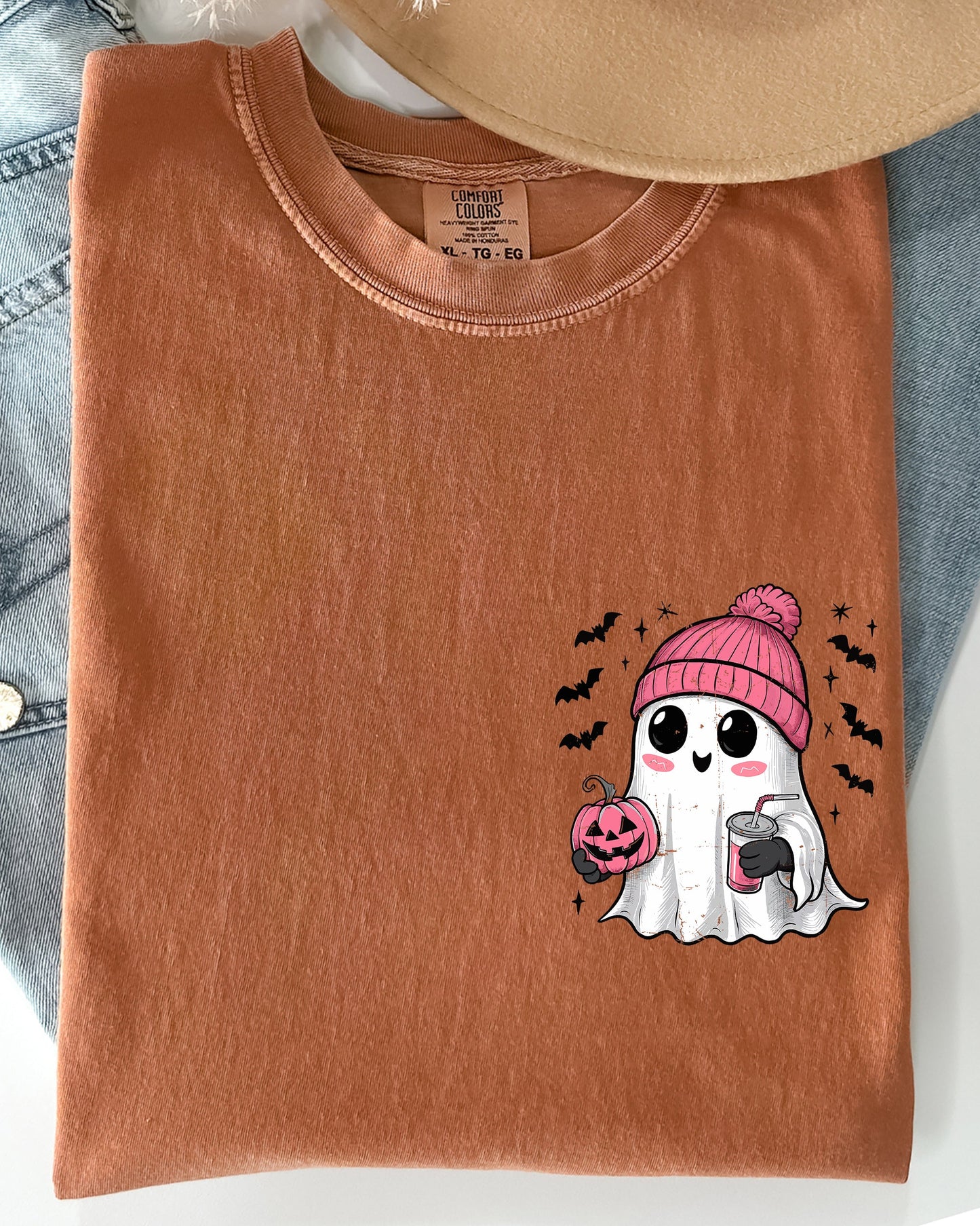 Cute Pink Ghost Pocket Print Comfort Colors T-Shirt Halloween Coffee Bats