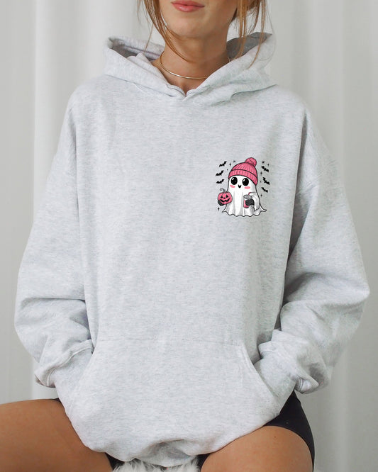 Cute Pink Ghost Pocket Print Hooded Sweatshirt Halloween Coffee Bats