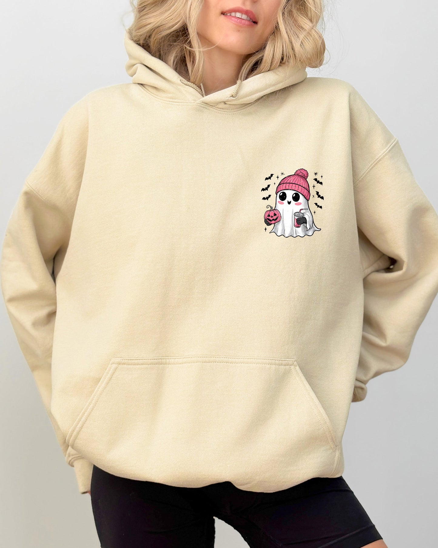 Cute Pink Ghost Pocket Print Hooded Sweatshirt Halloween Coffee Bats