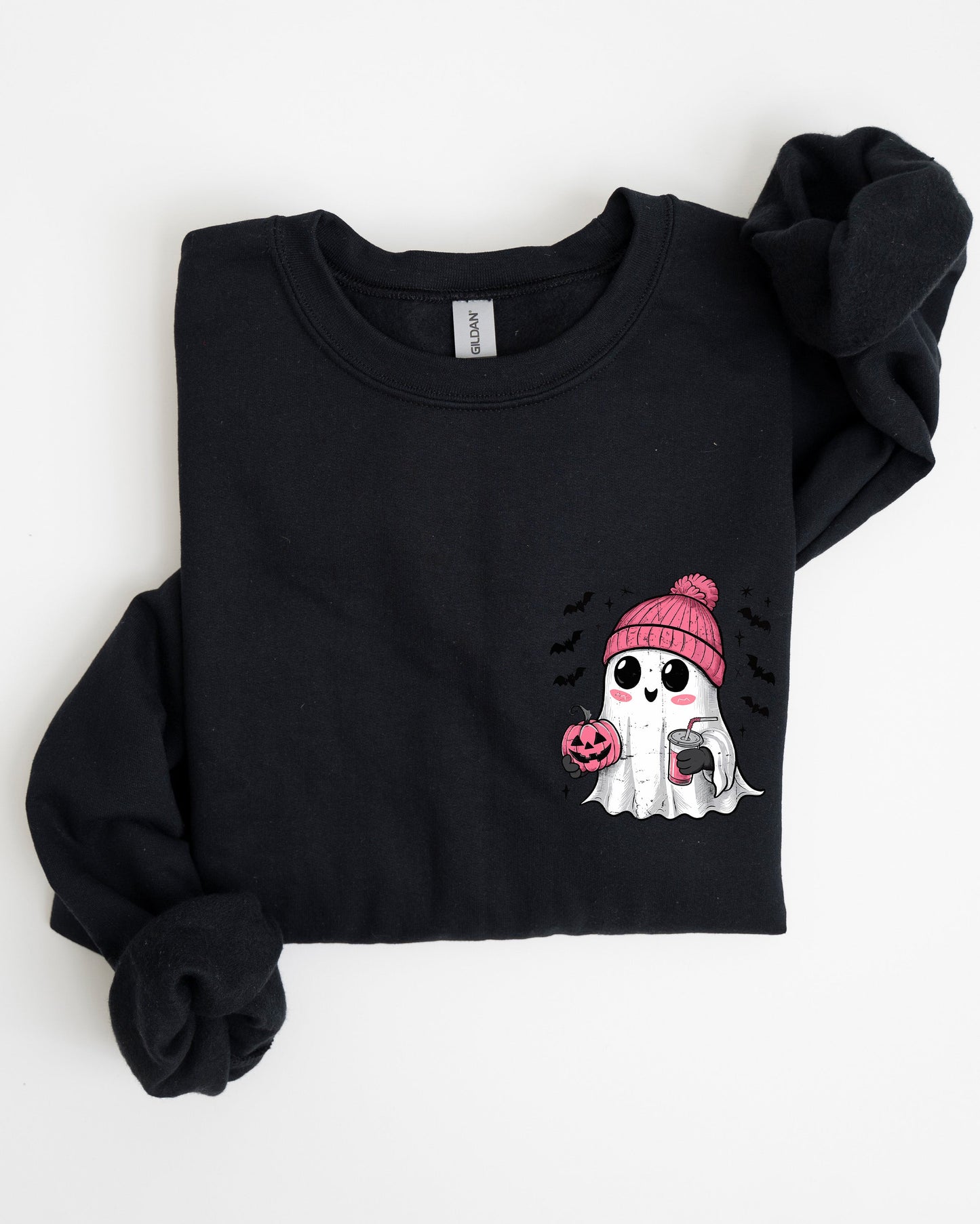 Cute Pink Ghost Pocket Print Halloween Coffee Bats Sweatshirt