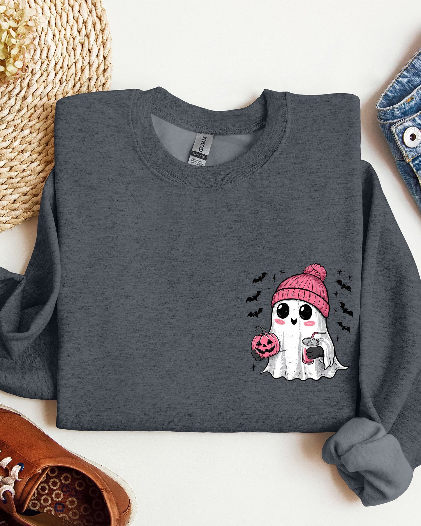 Cute Pink Ghost Pocket Print Halloween Coffee Bats Sweatshirt