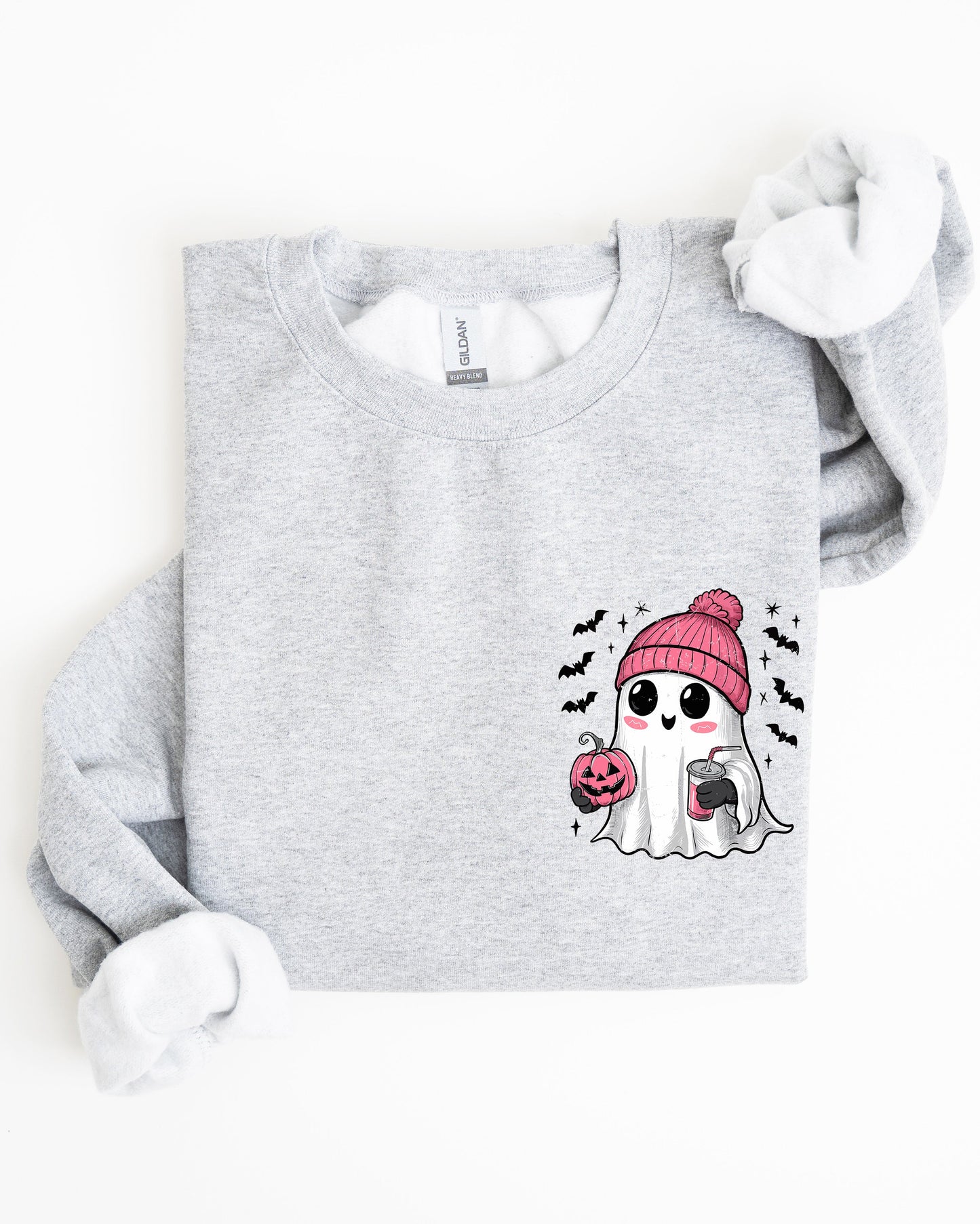 Cute Pink Ghost Pocket Print Halloween Coffee Bats Sweatshirt