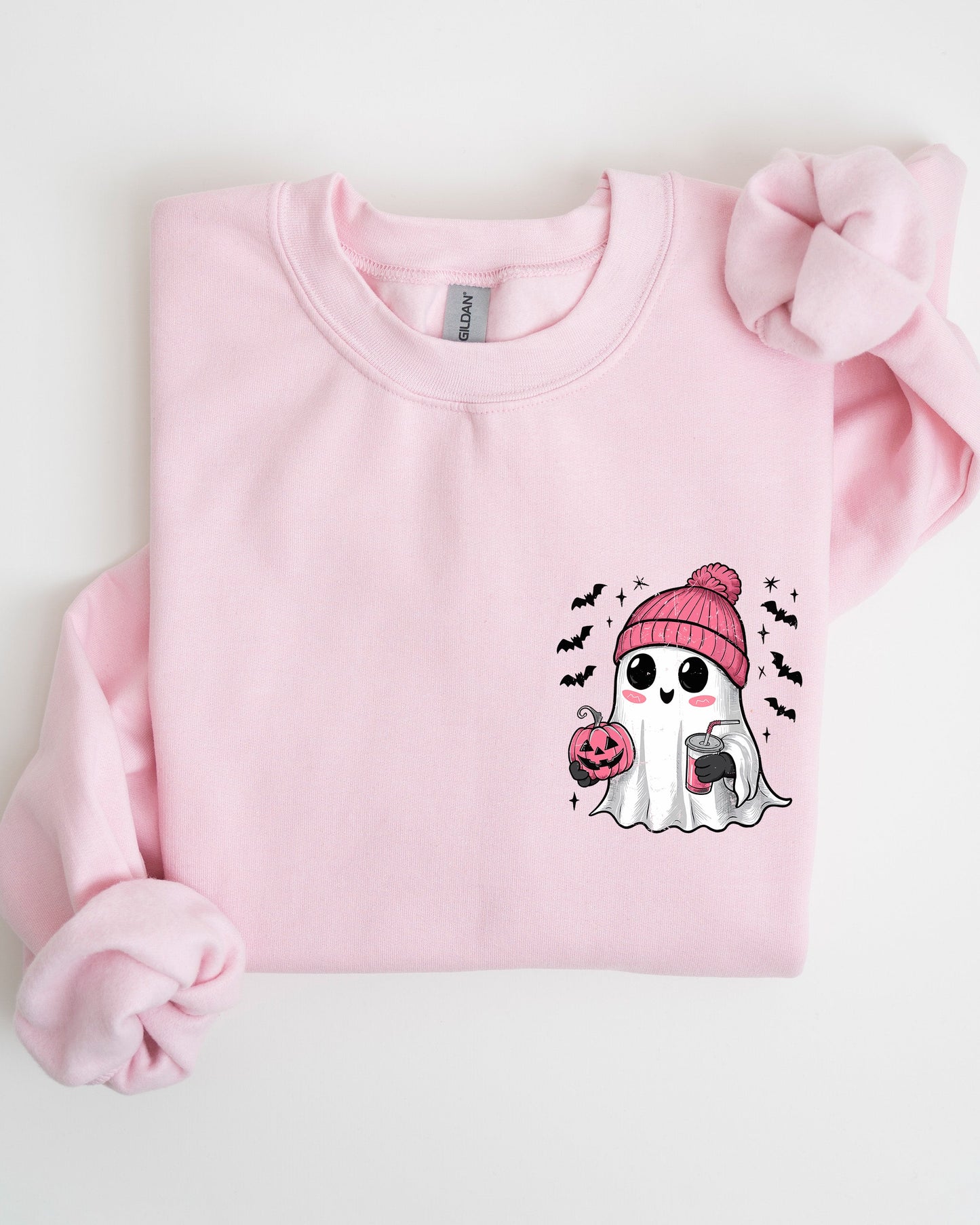 Cute Pink Ghost Pocket Print Halloween Coffee Bats Sweatshirt