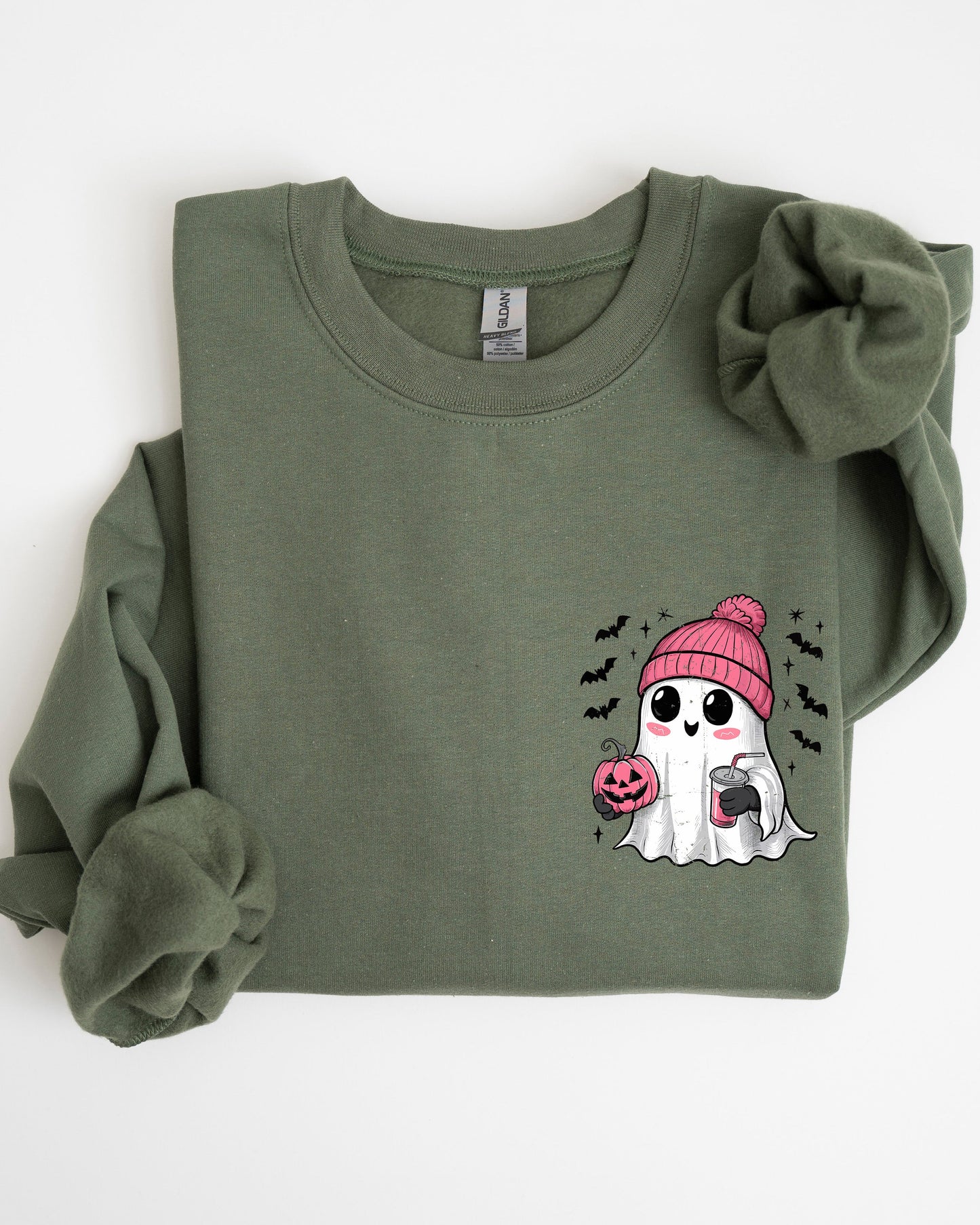 Cute Pink Ghost Pocket Print Halloween Coffee Bats Sweatshirt