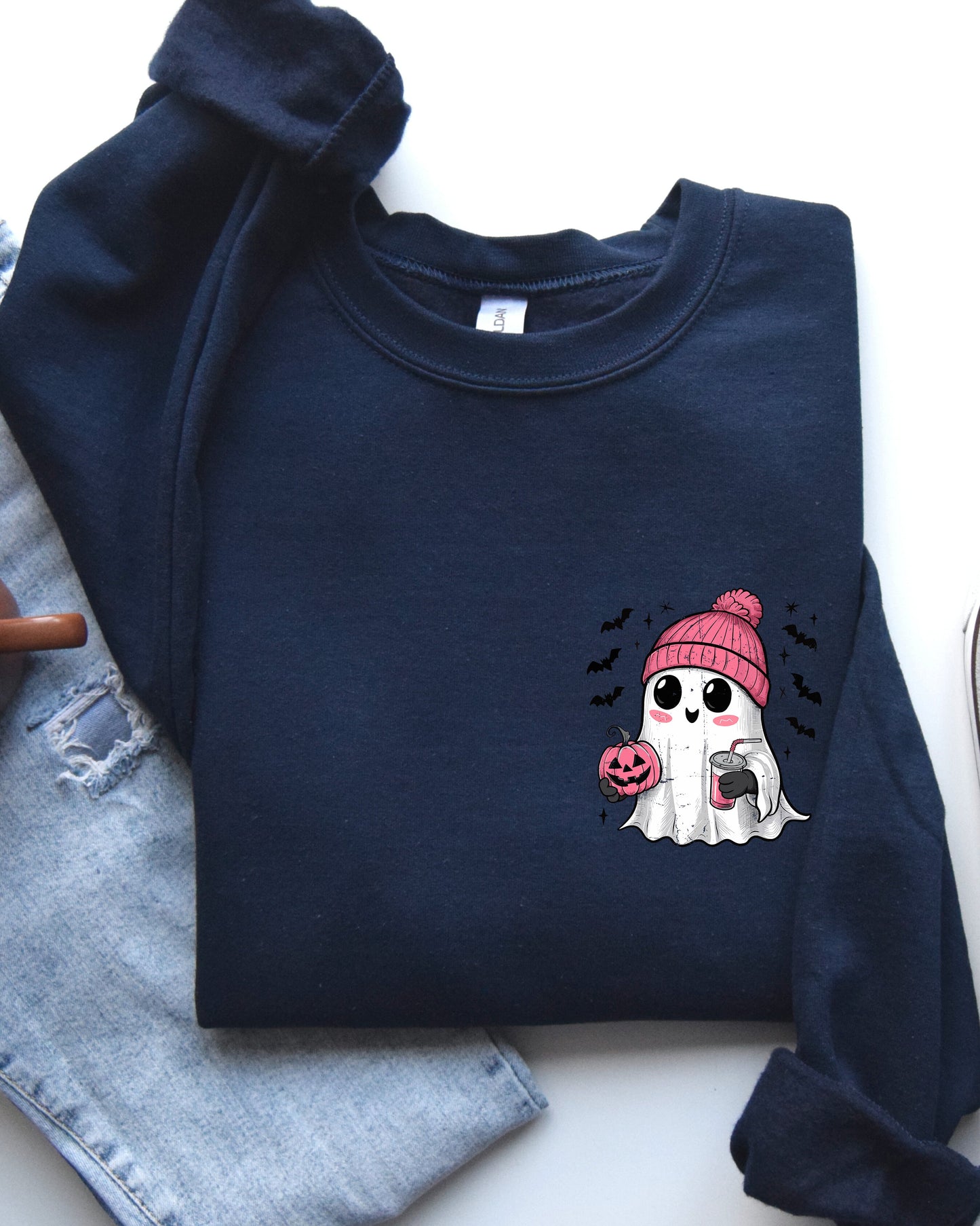 Cute Pink Ghost Pocket Print Halloween Coffee Bats Sweatshirt
