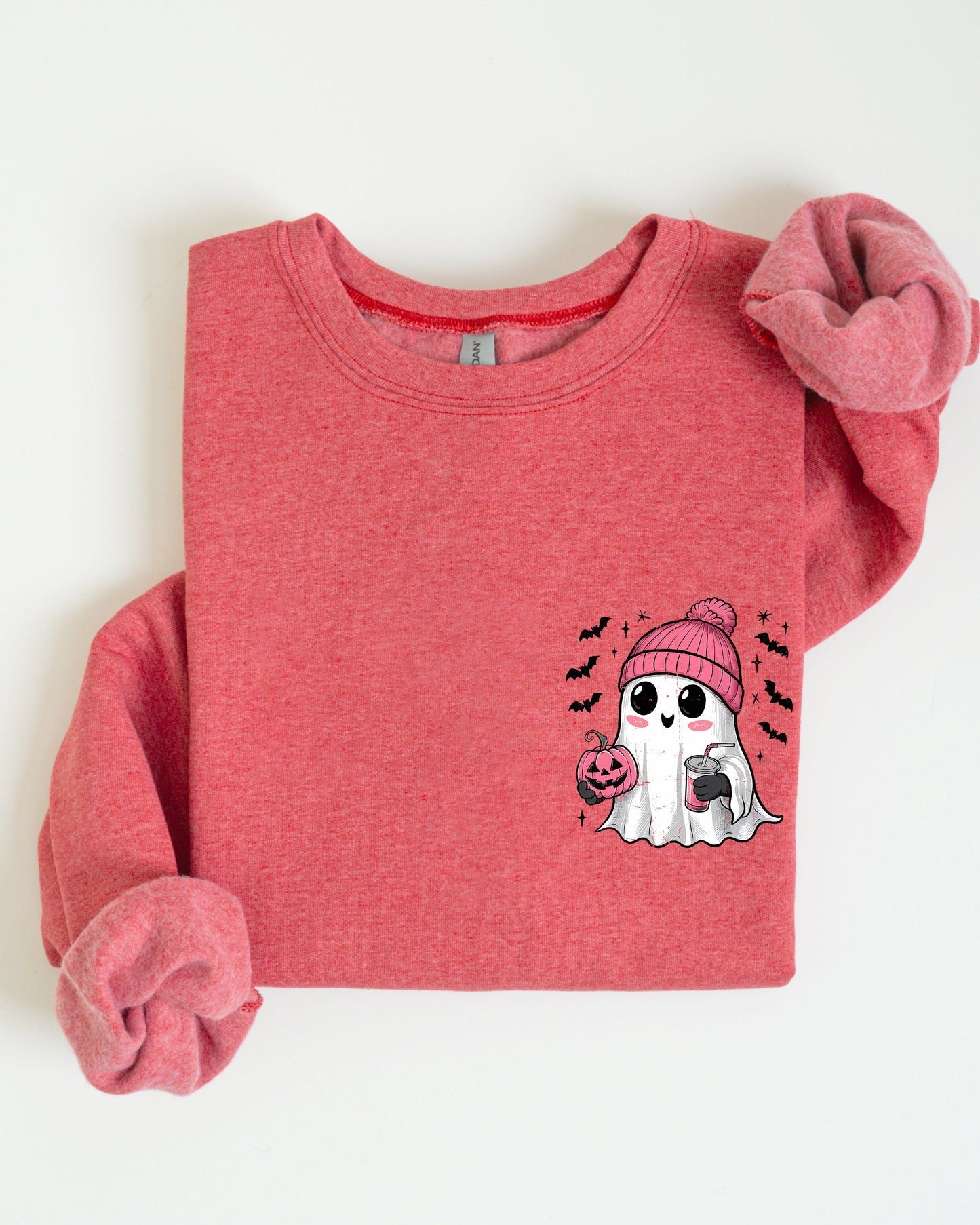Cute Pink Ghost Pocket Print Halloween Coffee Bats Sweatshirt