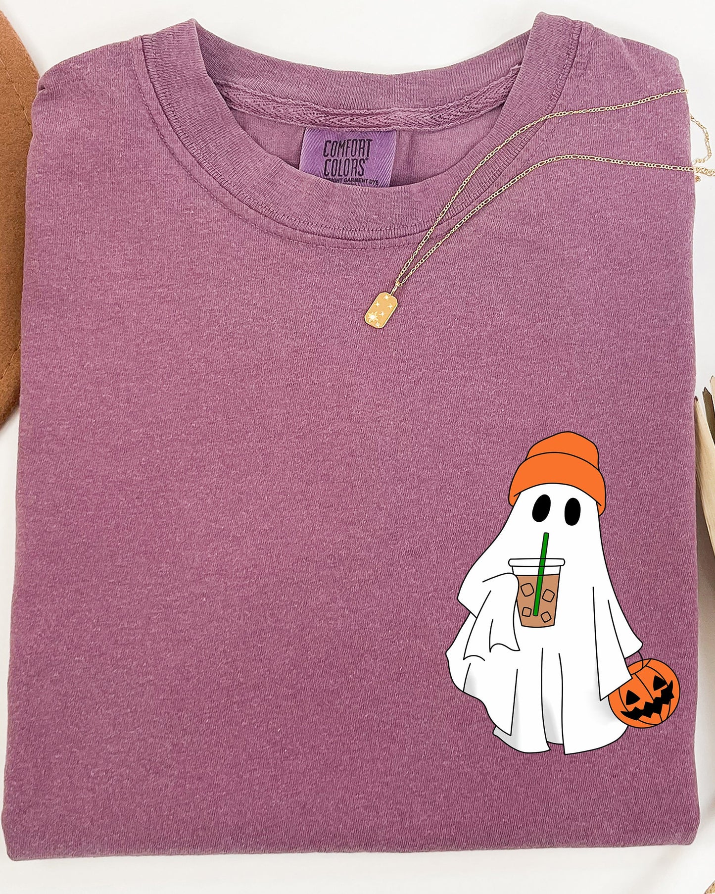 Cute Skater Ghost Pocket Print Halloween Coffee Trick or Treat Shirt Comfort Colors T-Shirt