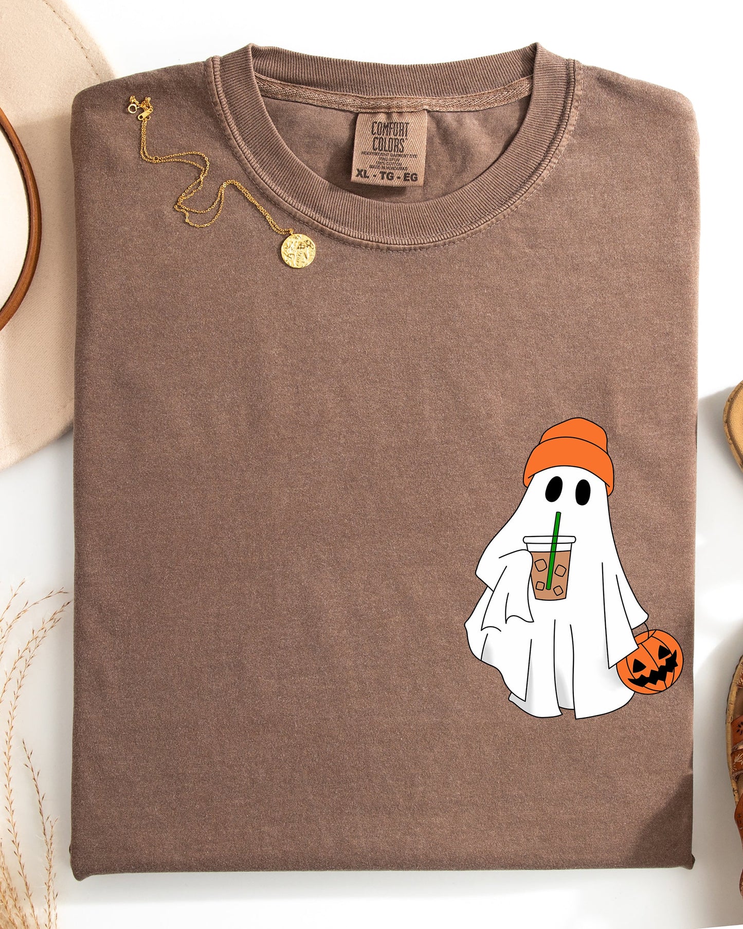 Cute Skater Ghost Pocket Print Halloween Coffee Trick or Treat Shirt Comfort Colors T-Shirt
