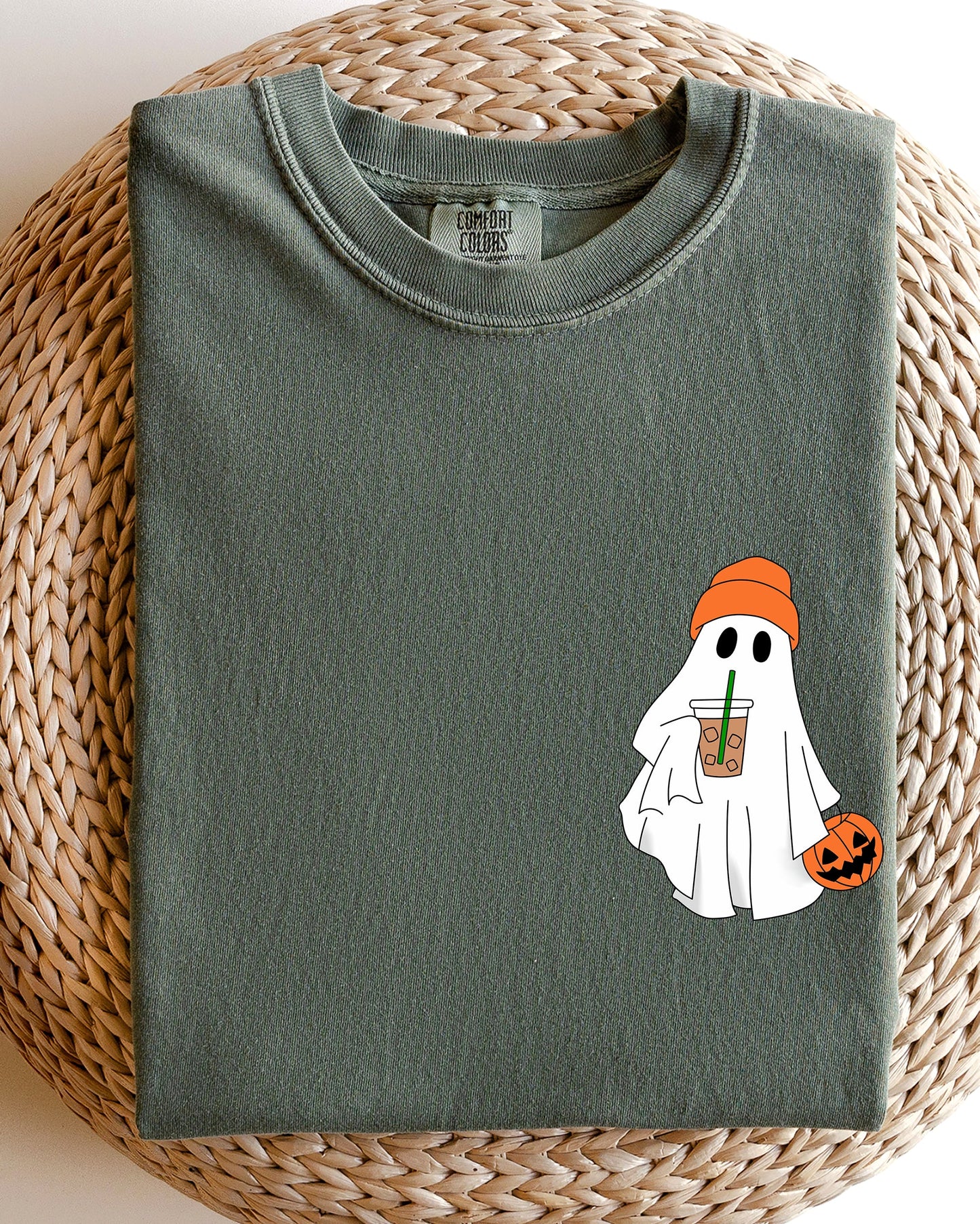 Cute Skater Ghost Pocket Print Halloween Coffee Trick or Treat Shirt Comfort Colors T-Shirt