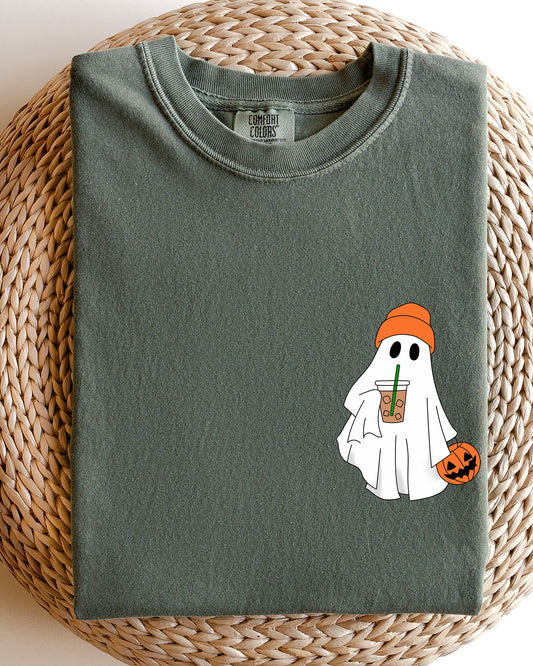 Cute Skater Ghost Pocket Print Halloween Coffee Trick or Treat Shirt Comfort Colors T-Shirt