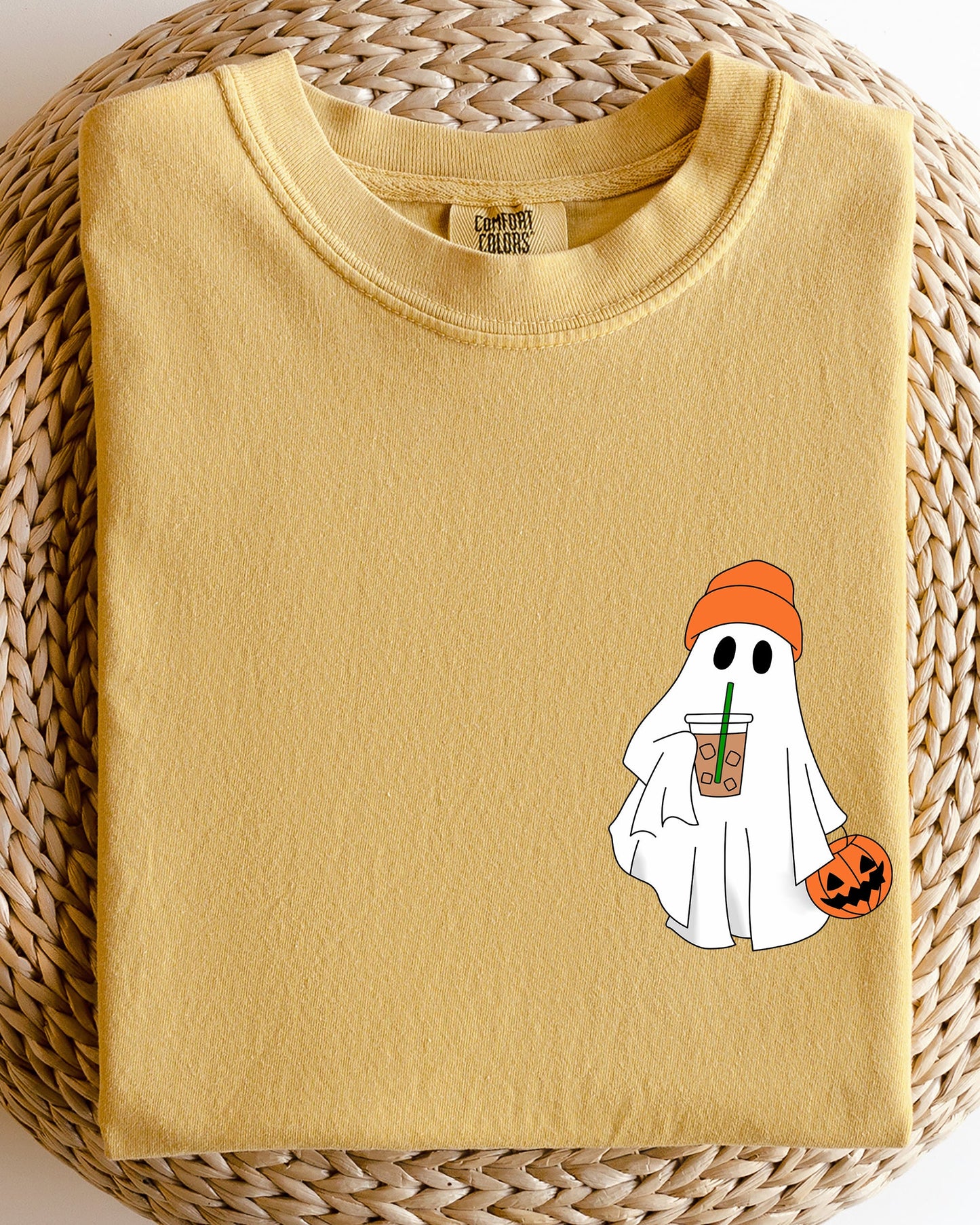 Cute Skater Ghost Pocket Print Halloween Coffee Trick or Treat Shirt Comfort Colors T-Shirt