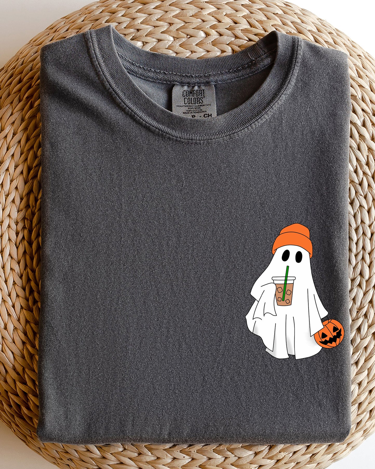 Cute Skater Ghost Pocket Print Halloween Coffee Trick or Treat Shirt Comfort Colors T-Shirt