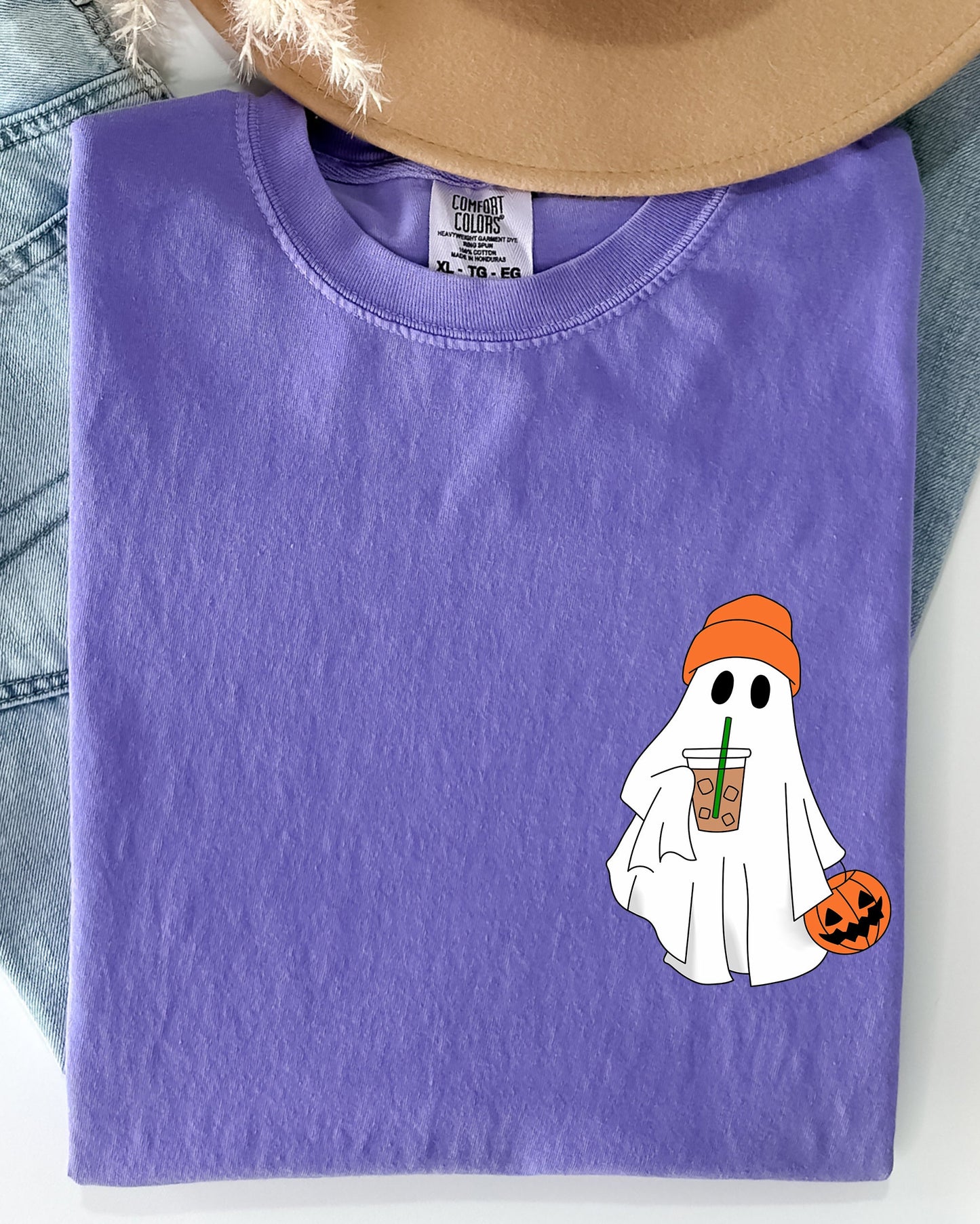 Cute Skater Ghost Pocket Print Halloween Coffee Trick or Treat Shirt Comfort Colors T-Shirt