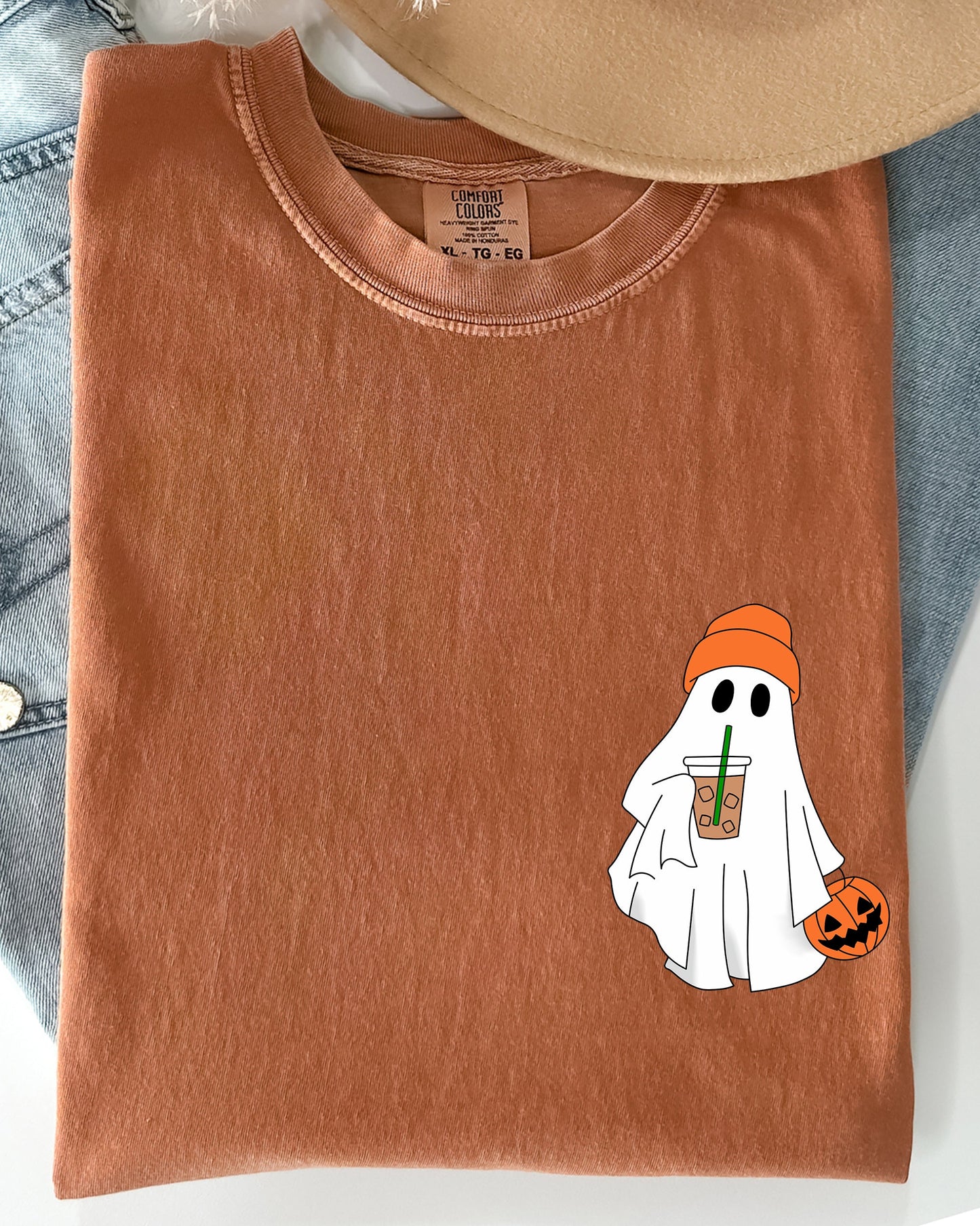 Cute Skater Ghost Pocket Print Halloween Coffee Trick or Treat Shirt Comfort Colors T-Shirt