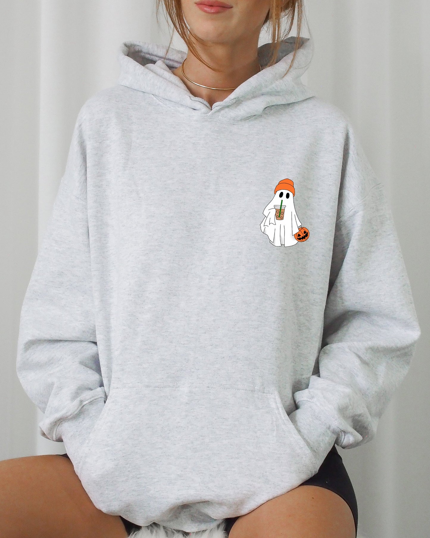 Cute Skater Ghost Pocket Print Hooded Sweatshirt Halloween Coffee Trick or Treat