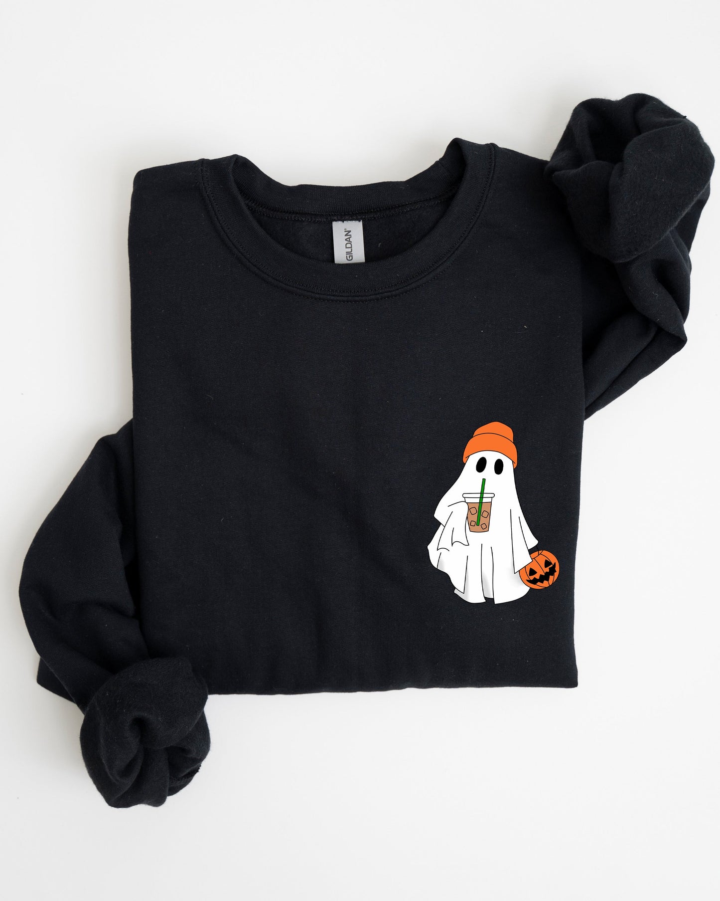Cute Skater Ghost Pocket Print Halloween Coffee Trick or Treat Sweatshirt