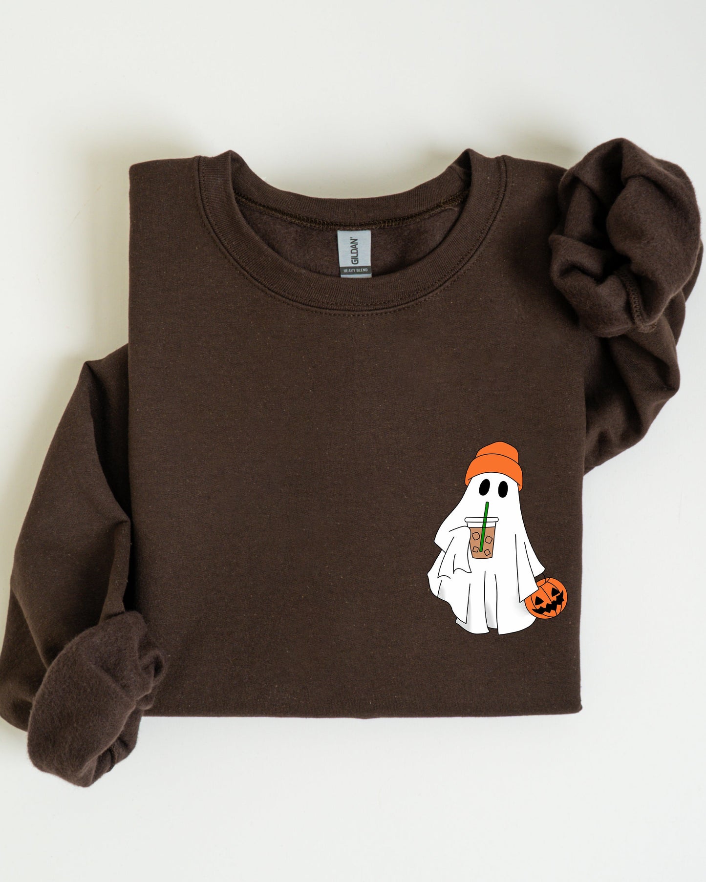 Cute Skater Ghost Pocket Print Halloween Coffee Trick or Treat Sweatshirt