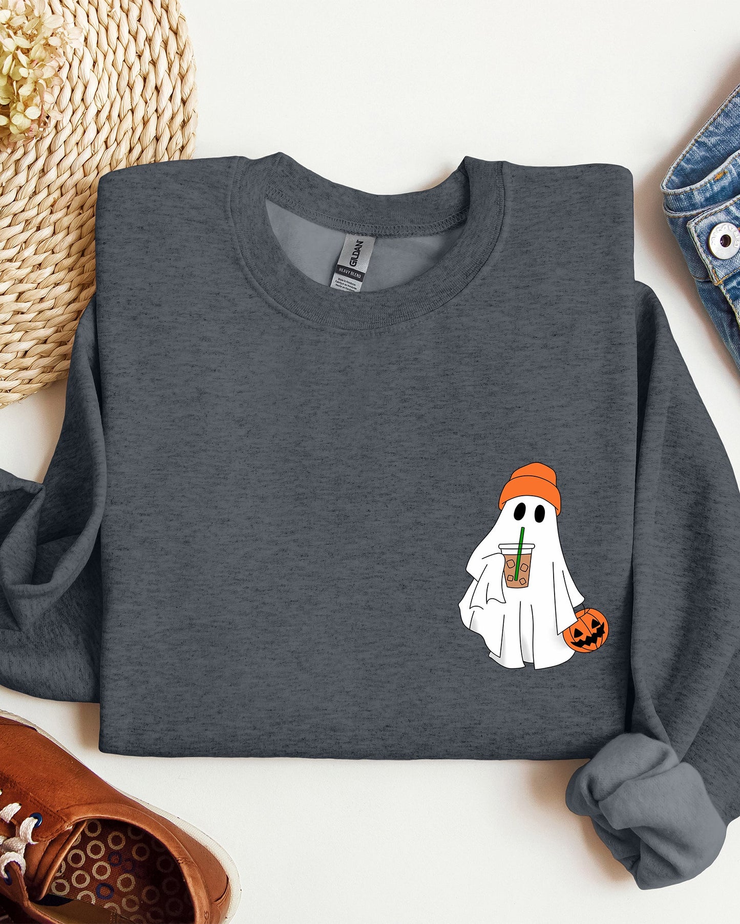 Cute Skater Ghost Pocket Print Halloween Coffee Trick or Treat Sweatshirt
