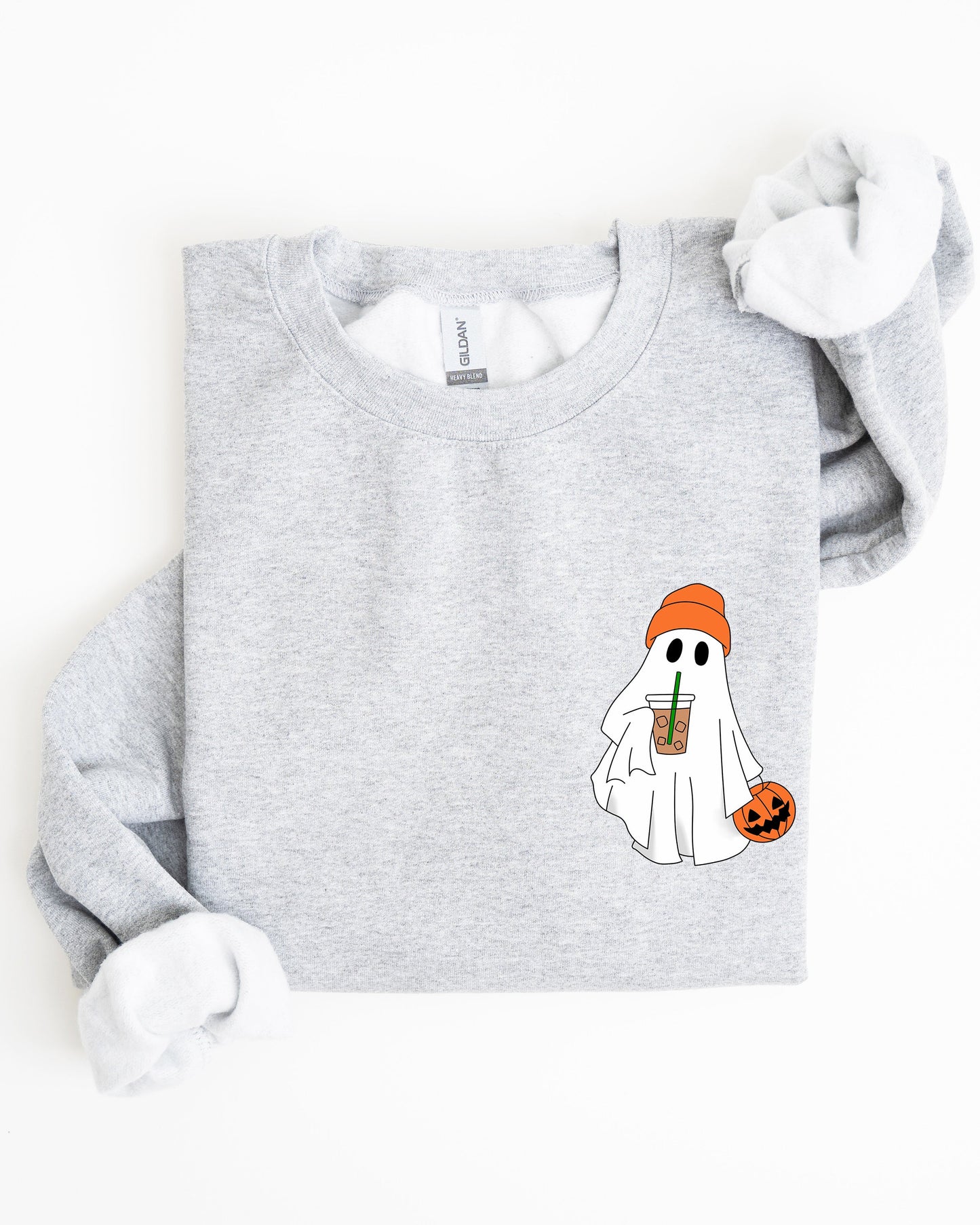 Cute Skater Ghost Pocket Print Halloween Coffee Trick or Treat Sweatshirt