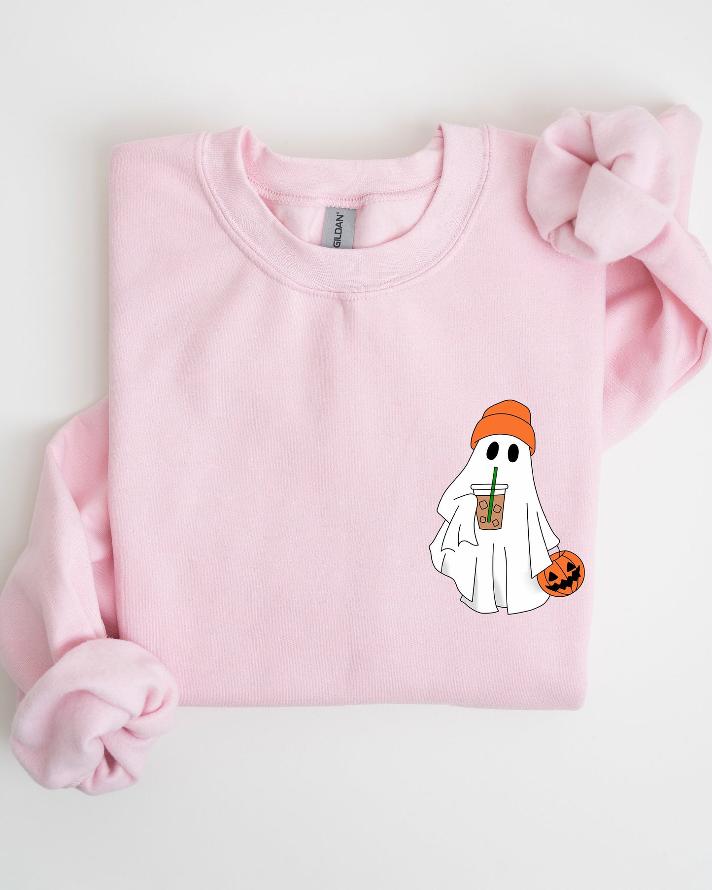 Cute Skater Ghost Pocket Print Halloween Coffee Trick or Treat Sweatshirt