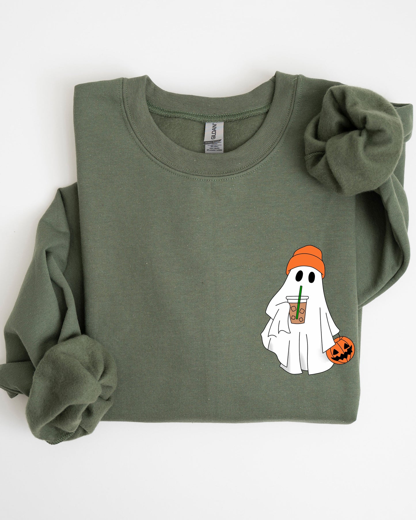 Cute Skater Ghost Pocket Print Halloween Coffee Trick or Treat Sweatshirt