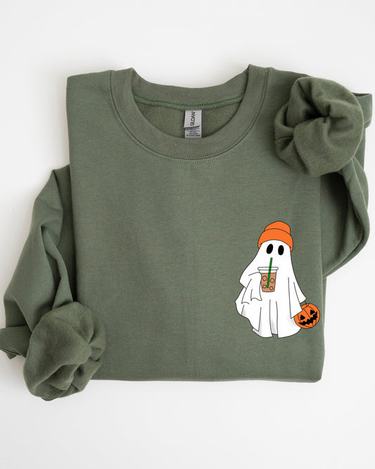 Cute Skater Ghost Pocket Print Halloween Coffee Trick or Treat Sweatshirt