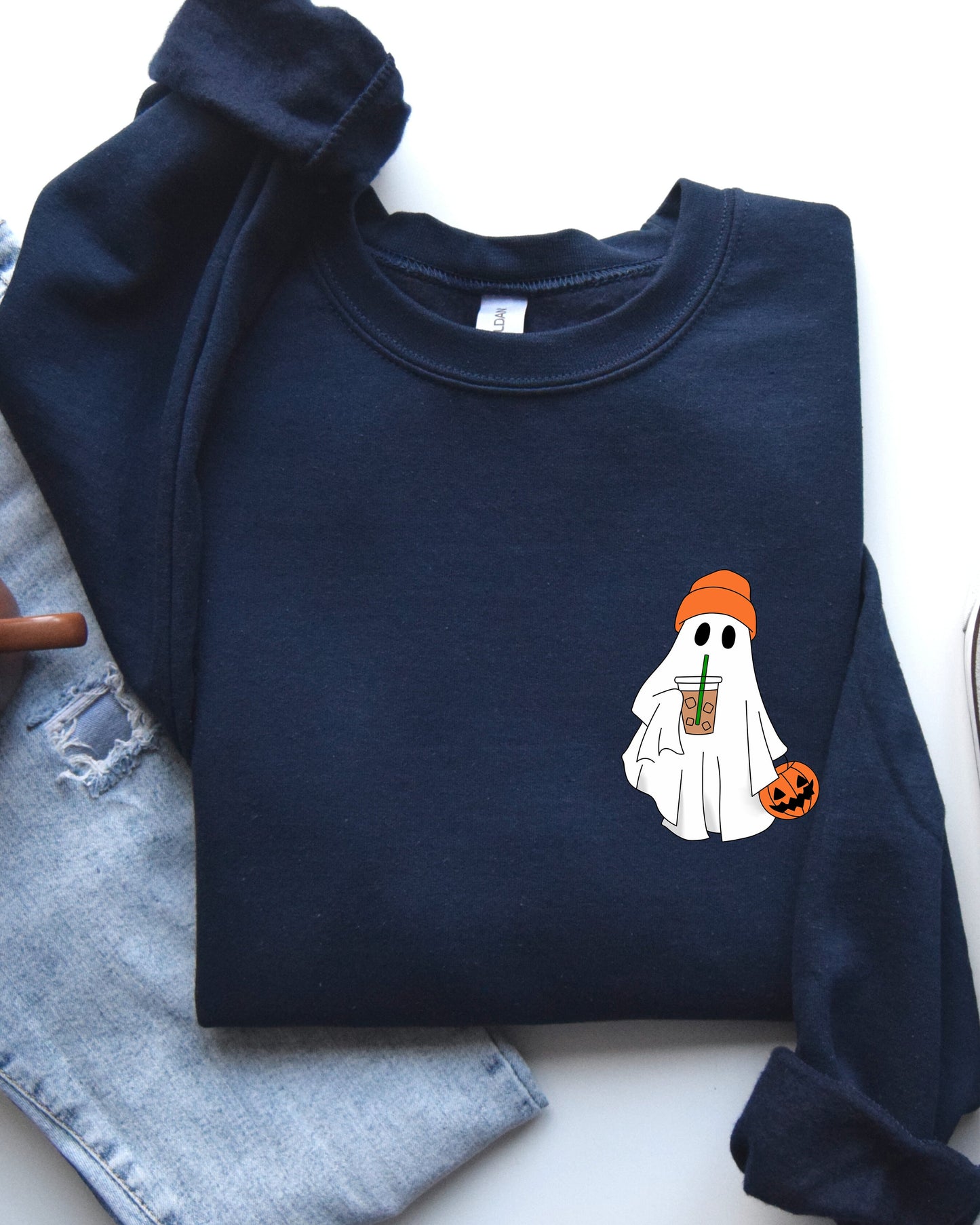 Cute Skater Ghost Pocket Print Halloween Coffee Trick or Treat Sweatshirt