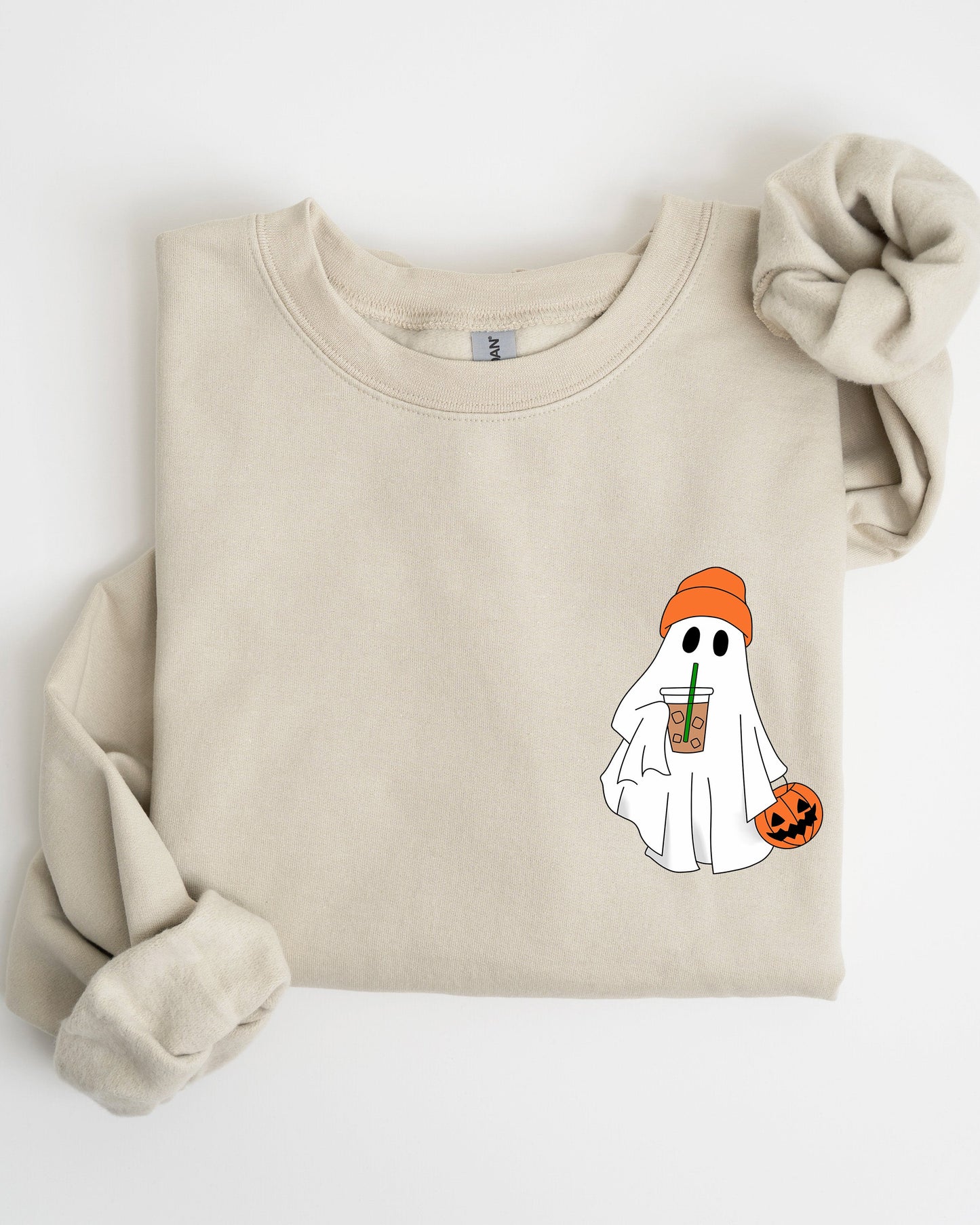 Cute Skater Ghost Pocket Print Halloween Coffee Trick or Treat Sweatshirt