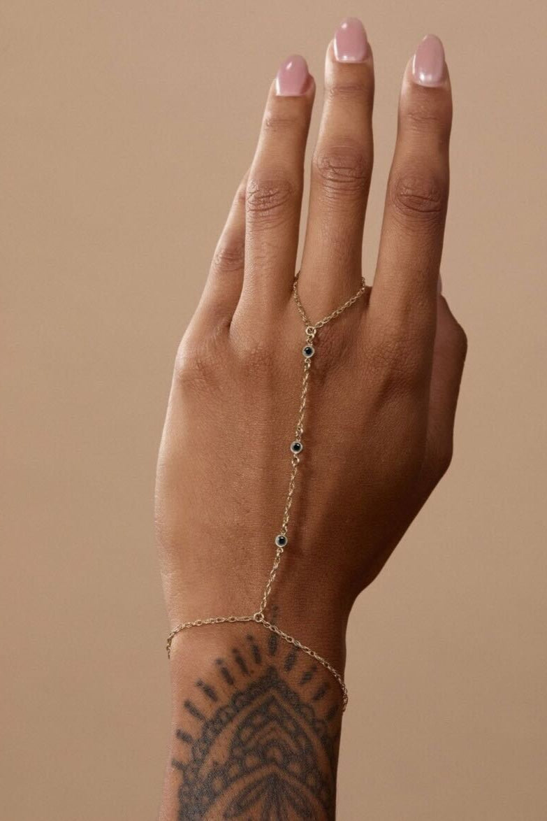 14k Gold Hand Chain with Cubic Zirconia and Turquoise Connectors