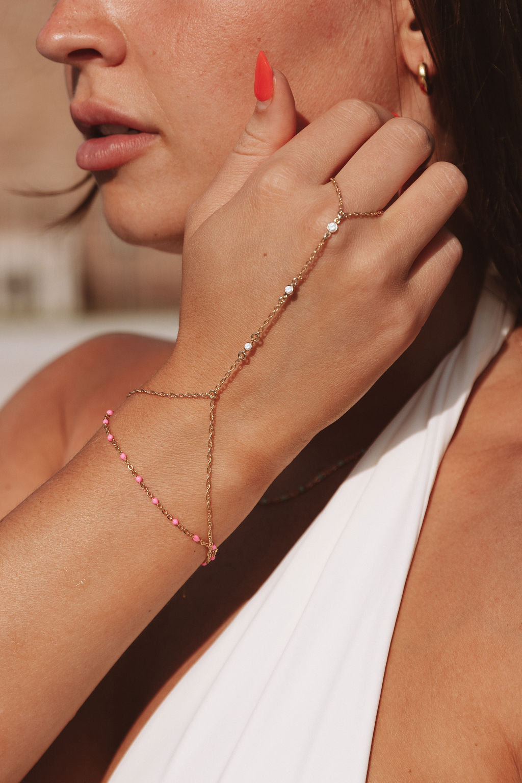 14k Gold Hand Chain with Cubic Zirconia and Turquoise Connectors