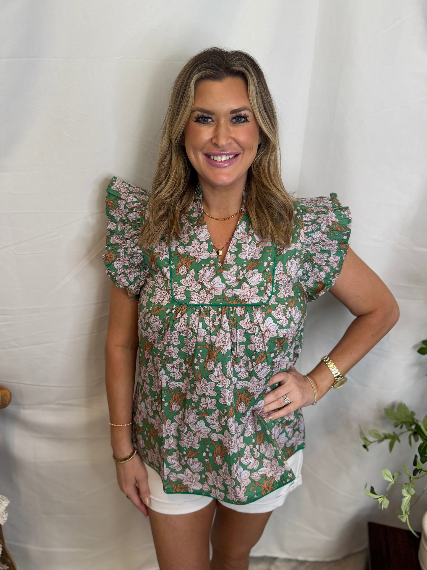 Emmy V-neck Blouse with Ruffled Sleeves