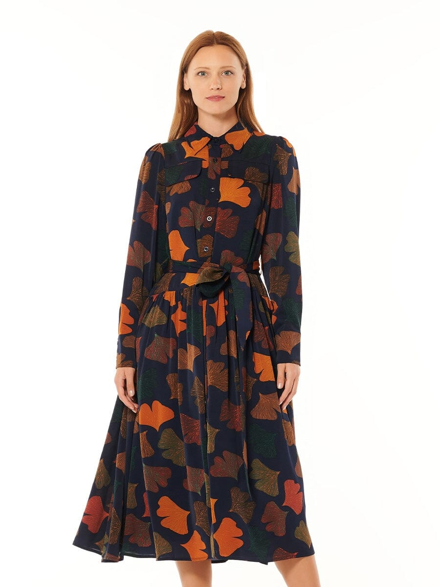 Front-Flap Button-Down Tie-Waist Shirt Dress Gracia D33118