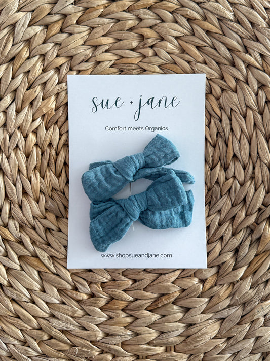 Dusty Blue Organic Cotton Gauze Bow Clip Sue and Jane