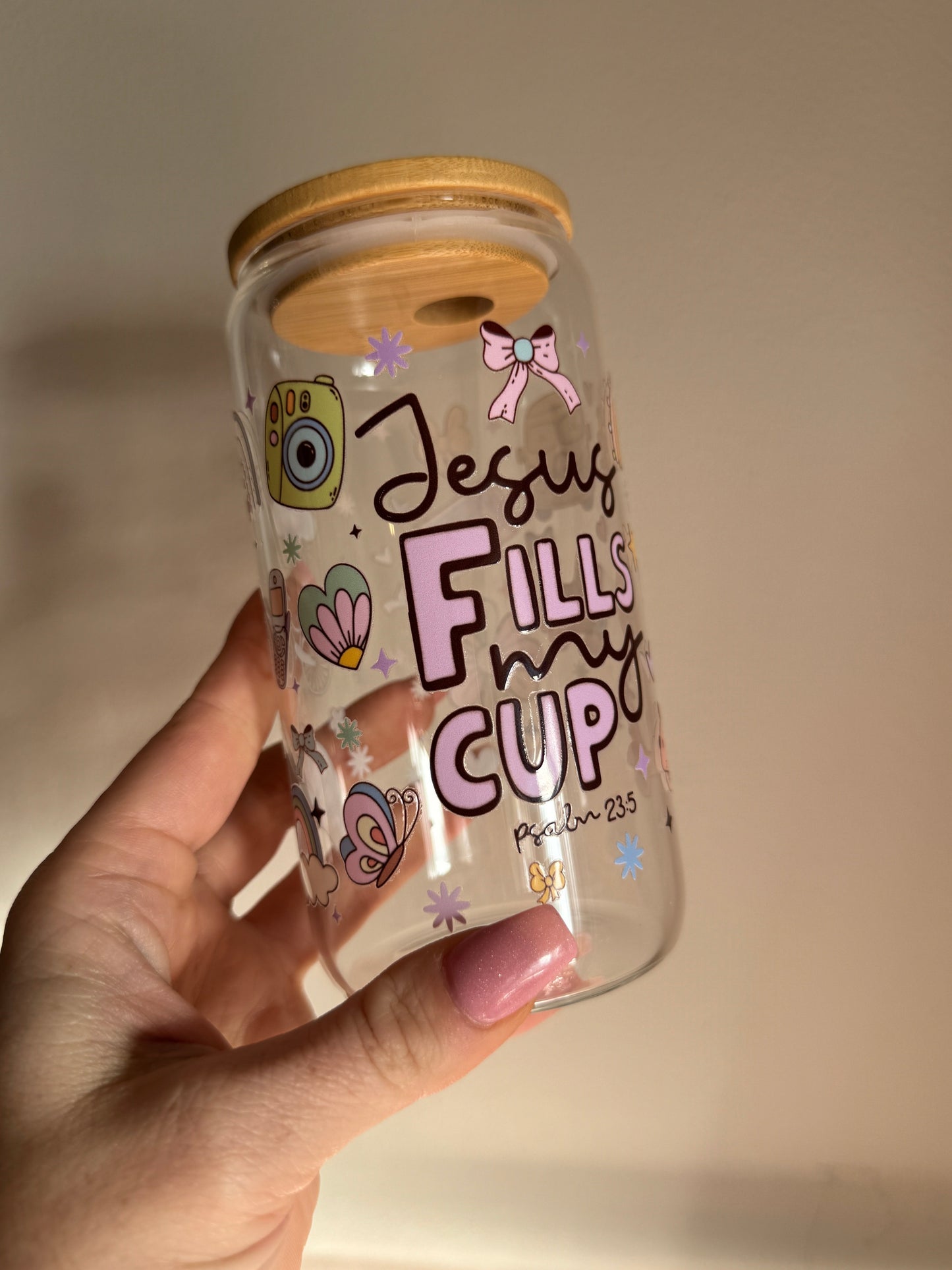 Jesus Fills My Cup Faith Inspired 16oz Glass Cup Sawdust and Cedar