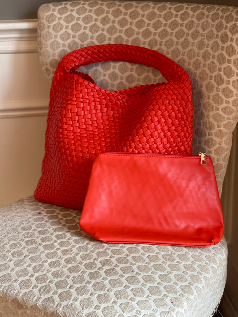 Large Woven Vegan Leather Tote Red/Orange Handbag The Willow