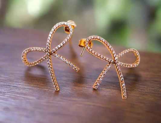 Golden Bow Tie Sparkle Earrings Yellow Gold-Dipped Elegant Accessory Le Reussi