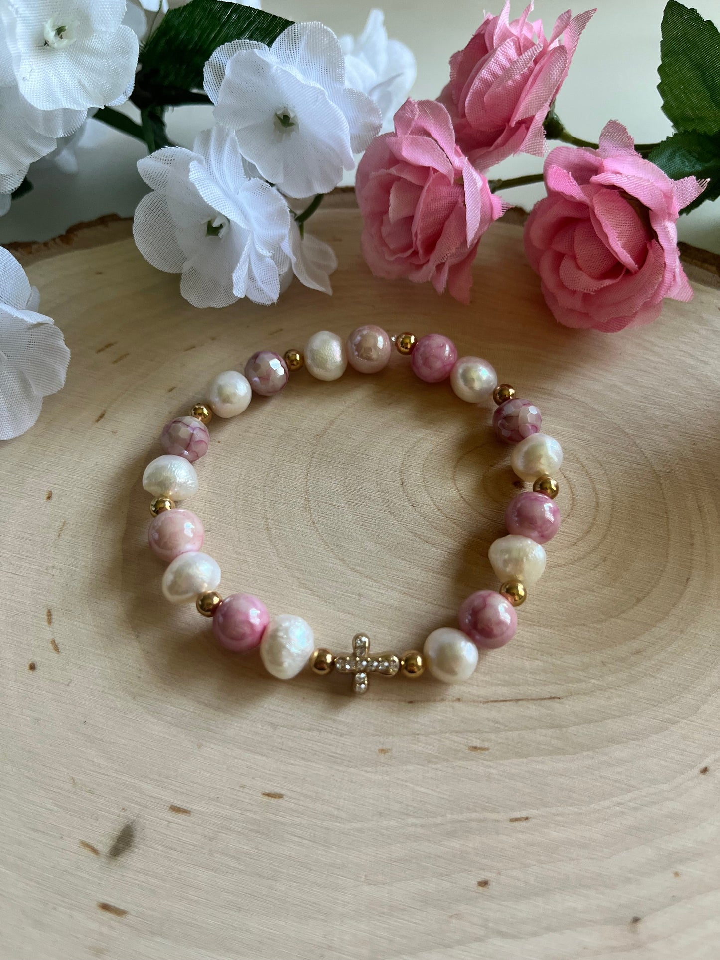 Pink Pearl Bead Gold Cross Bracelet – Christian Jewelry Gift for Her