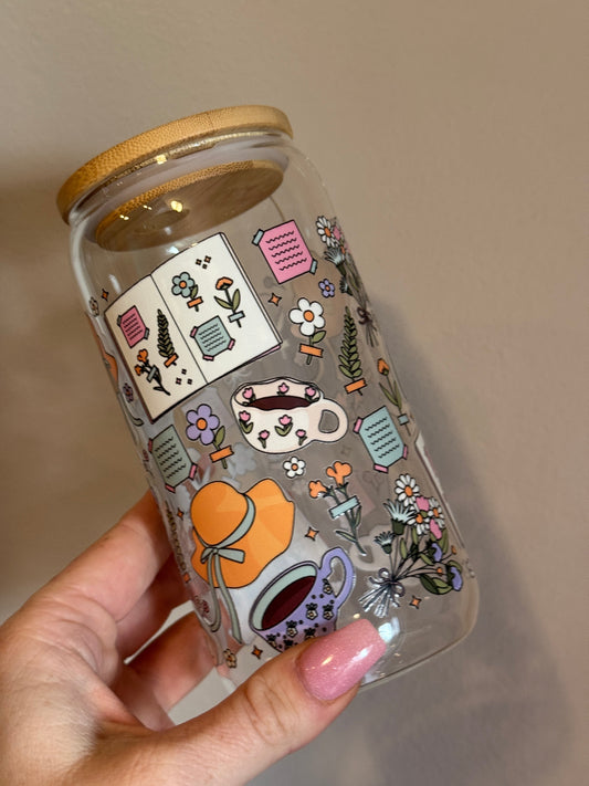 Cottagecore Aesthetic 16oz Glass Cup with Bamboo Lid