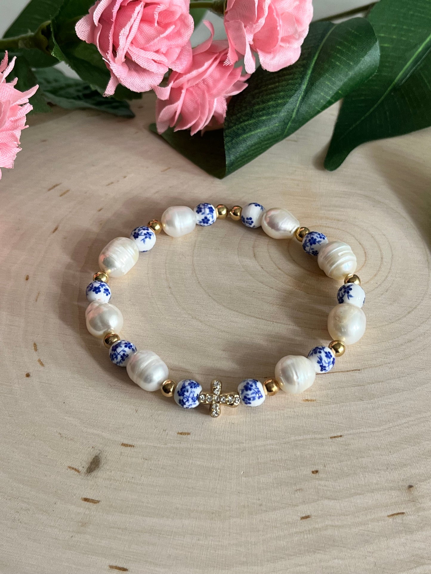Floral Pearl Cross Bracelet Christian Jewelry for Women Saved By Christ Design