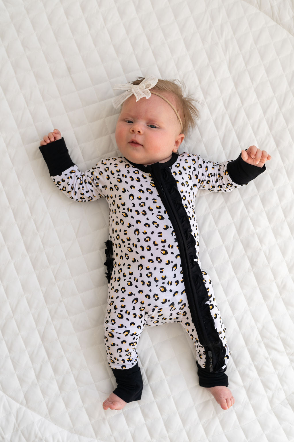 Leopard Bamboo Ruffle Convertible Footie Baby One-Piece Laree + Co.