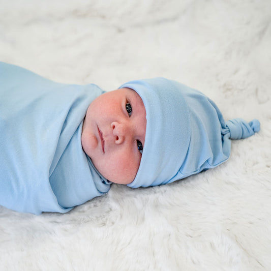 Light Blue Bamboo Swaddle + Hat Set Laree + Co.