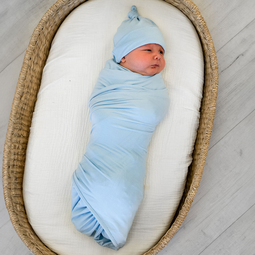 Light Blue Bamboo Swaddle + Hat Set Laree + Co.