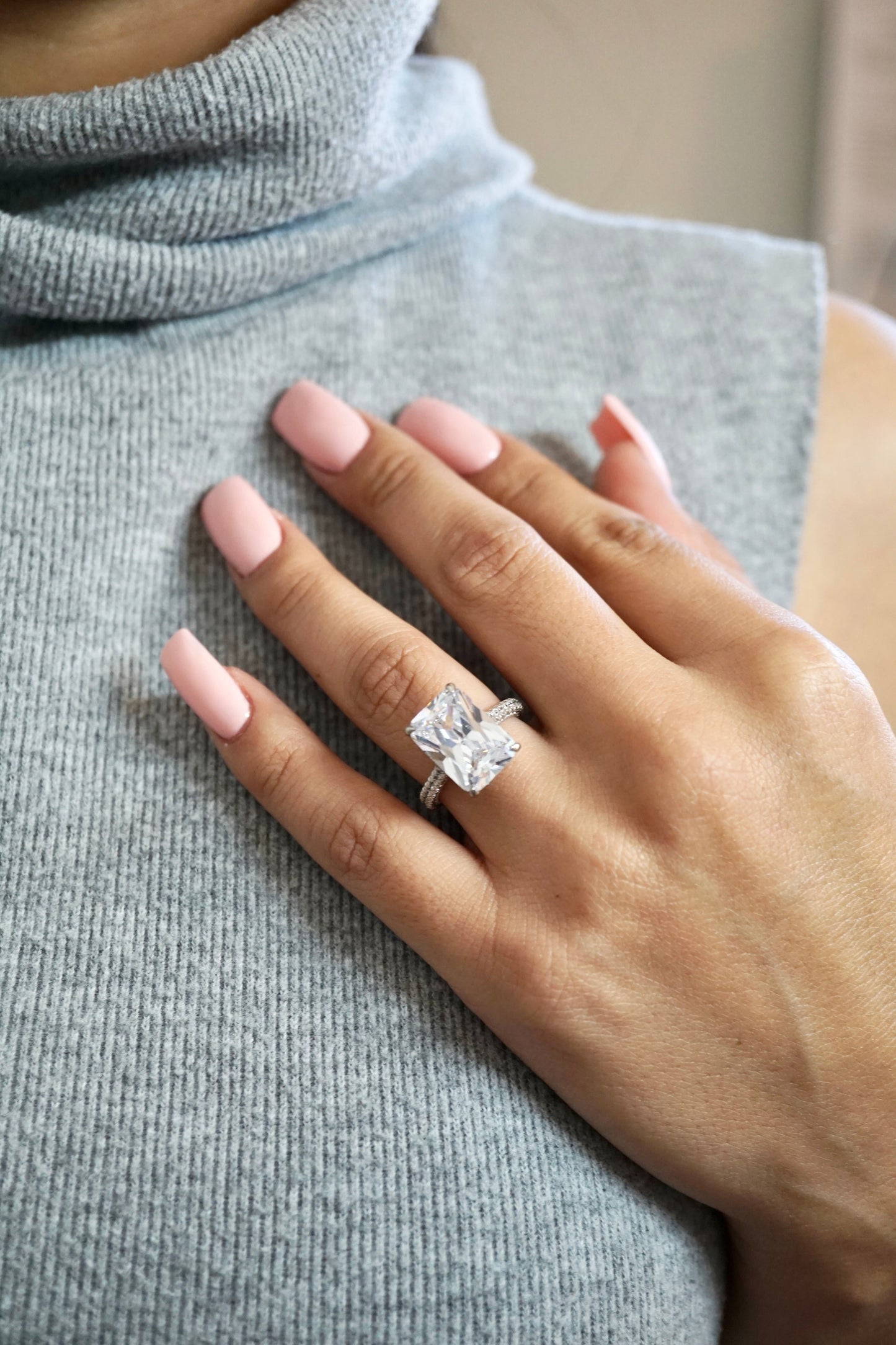 5.0ct Radiant Cut Moissanite Diamond Three Row Pavè Engagement Ring