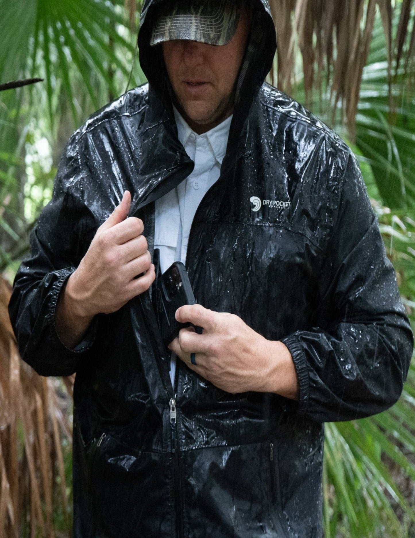 Waterproof Pocket Rain Jacket Lightweight Black Fin